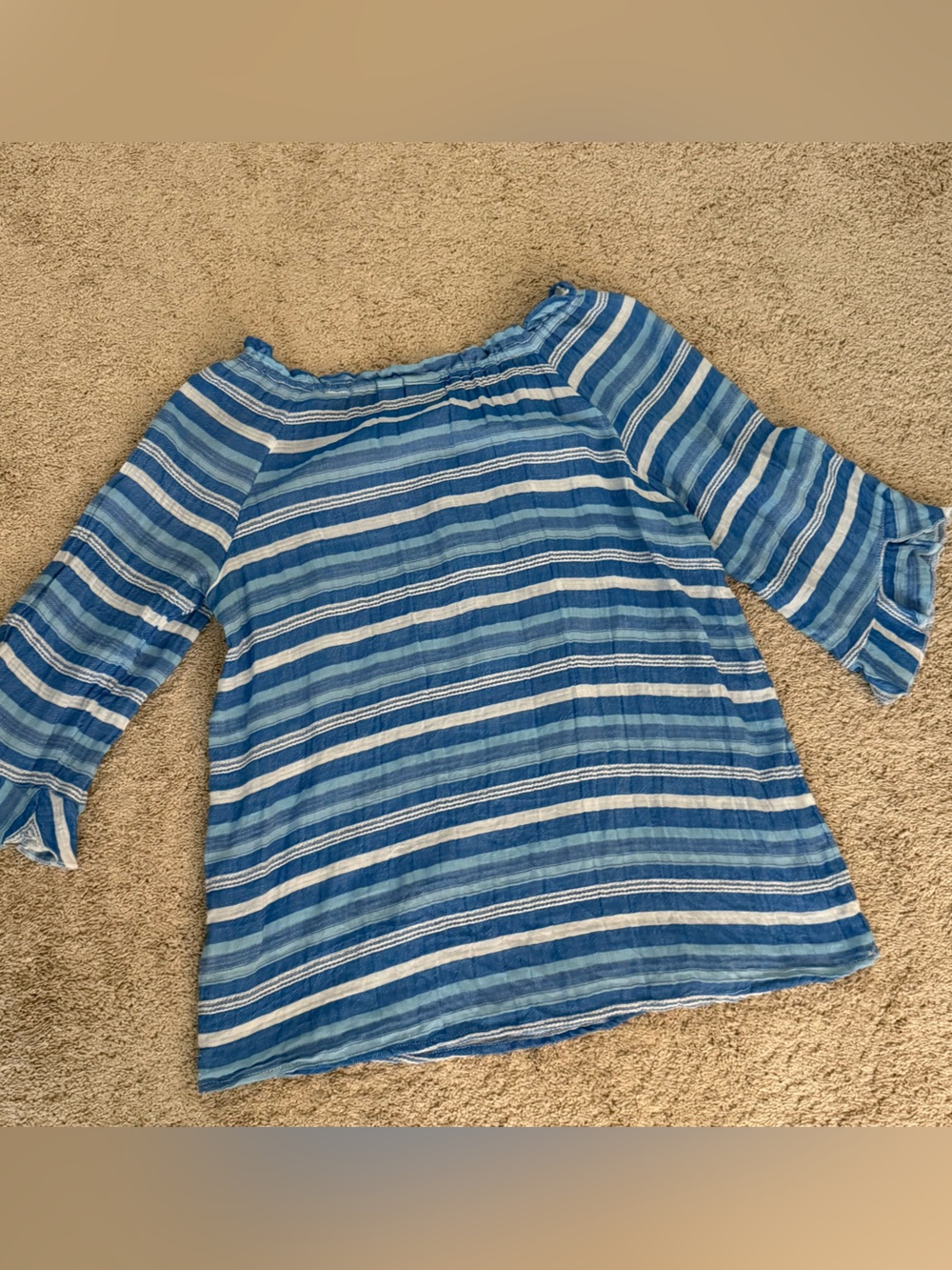 Westbound Women Blue White Striped Boho Peasant Blouse Shirt Top Smocked Ruffle - Picture 7 of 8